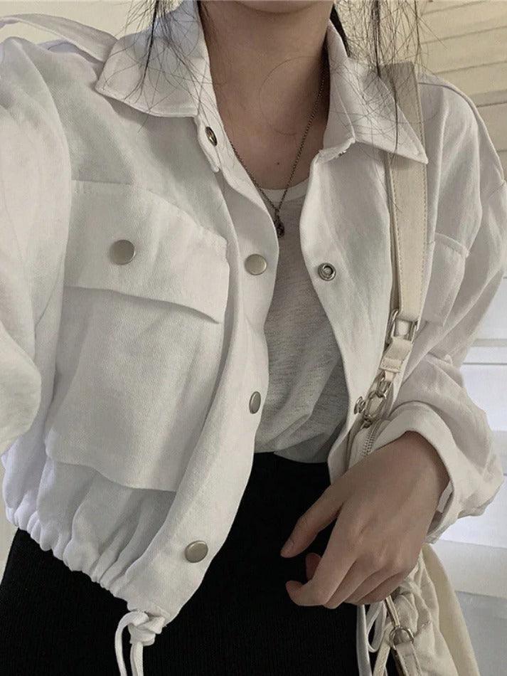 Maxct Lapel Neck Snap Button Drawstring Short Long Sleeve Blouse