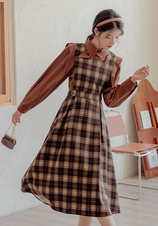 Crepe Plaid Pinafore Dress Set Maxct