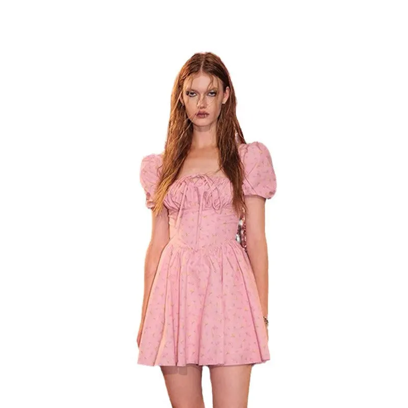 Sweet Style Frilled Tiered Ruffle Floral Printed Mini Dress - Pink Maxct