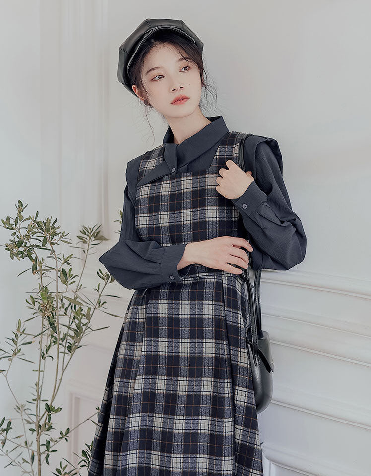 Crepe Plaid Pinafore Dress Set Maxct