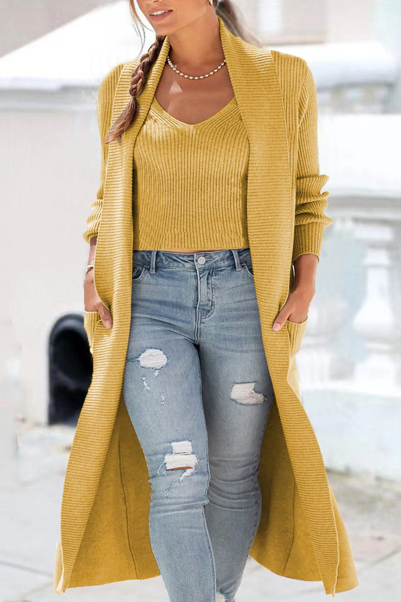 Maxct Ribbed Knit Vest Cardigan Two-piece Set