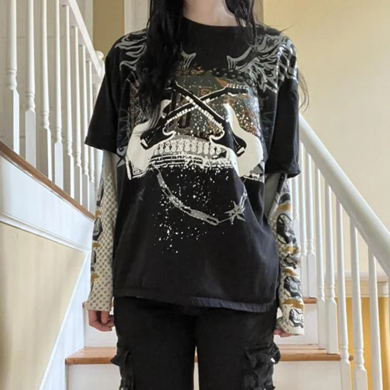 Maxct Vintage Graphic Print Patchwork Long Sleeve Tees Harajuku Fake Two-Piece T-Shirts Korean Gothic Grunge Loose Tops Streetwear