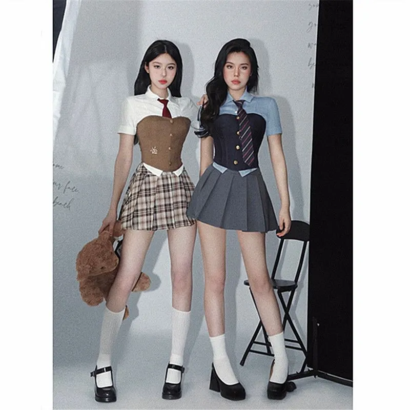 Maxct Hot Girls College Style Suit Women's Fishbone Tank Top Short-sleeved Shirt Pleated Mini Skirt Fashion Two-piece Set