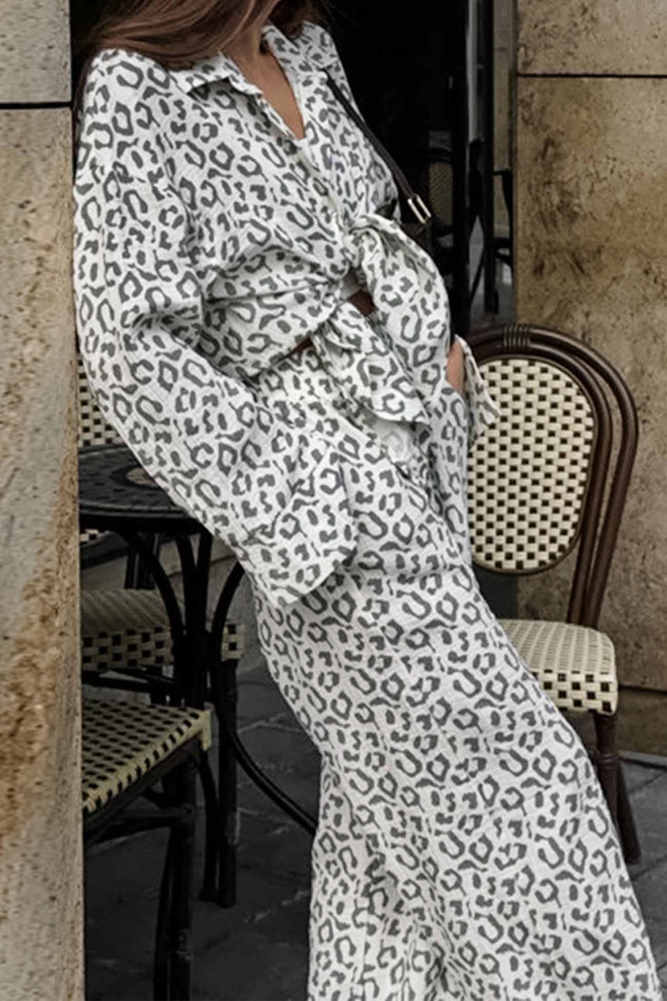 Maxct Cotton Leopard Shirt Long Pants Two-Piece Set