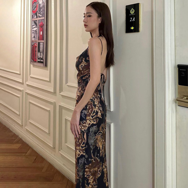 Style Hot Women's 2024 Summer New Fashion Printing Sexy Backless Lace Dress Manufacturers Wholesale