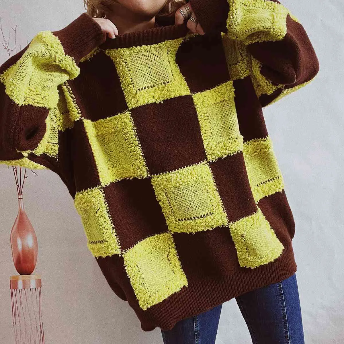 Maxct &Checkered Round Neck Long Sleeve Sweater