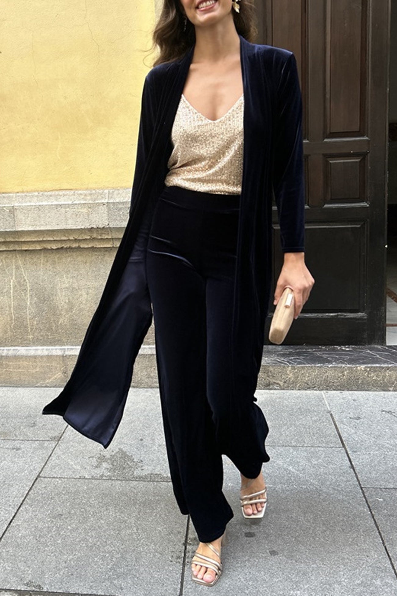 Maxct Velvet Slit Long Cardigan Two-piece Pants Suits