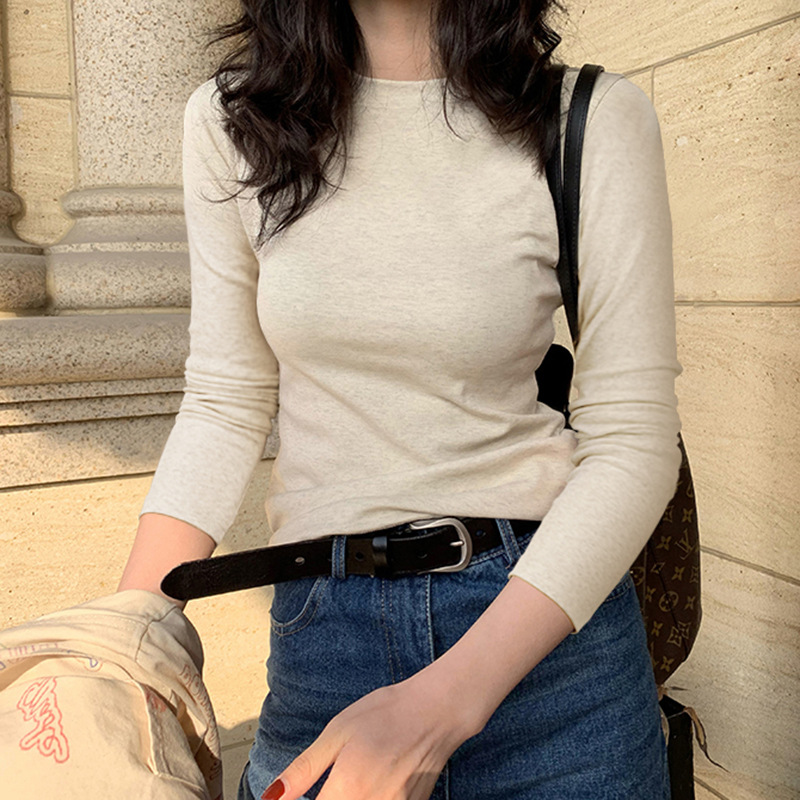 Shoulder T-Shirt Women's Spring and Autumn Outer Wearing Tight Waist Slim-Fit Pure Cotton Winter Inner Base Shirt New Long Sleeve Top