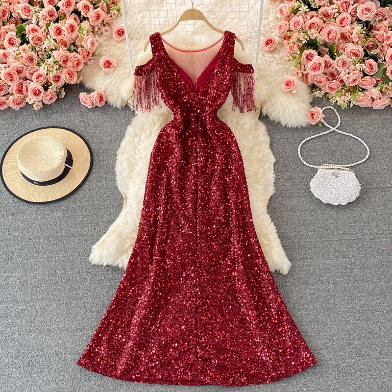 Sequins Party Maxi Dress For Women Sexy V-Neck Short Sleeve High Waist Tassel Long Robe Female Elegant Vestidos