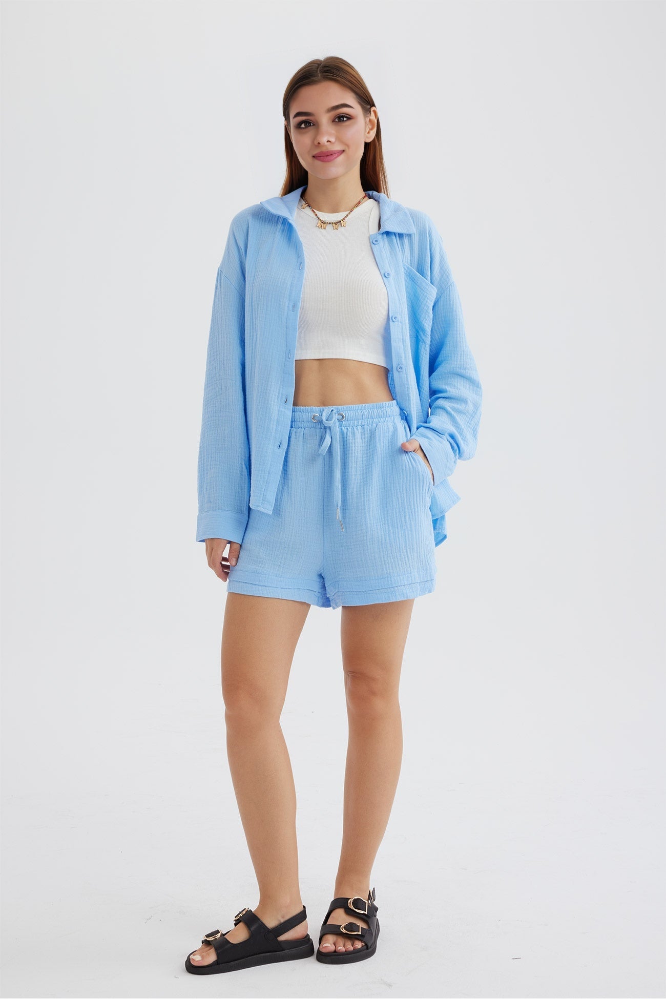 Maxct Long Sleeve Solid Color Shirt Shorts Set