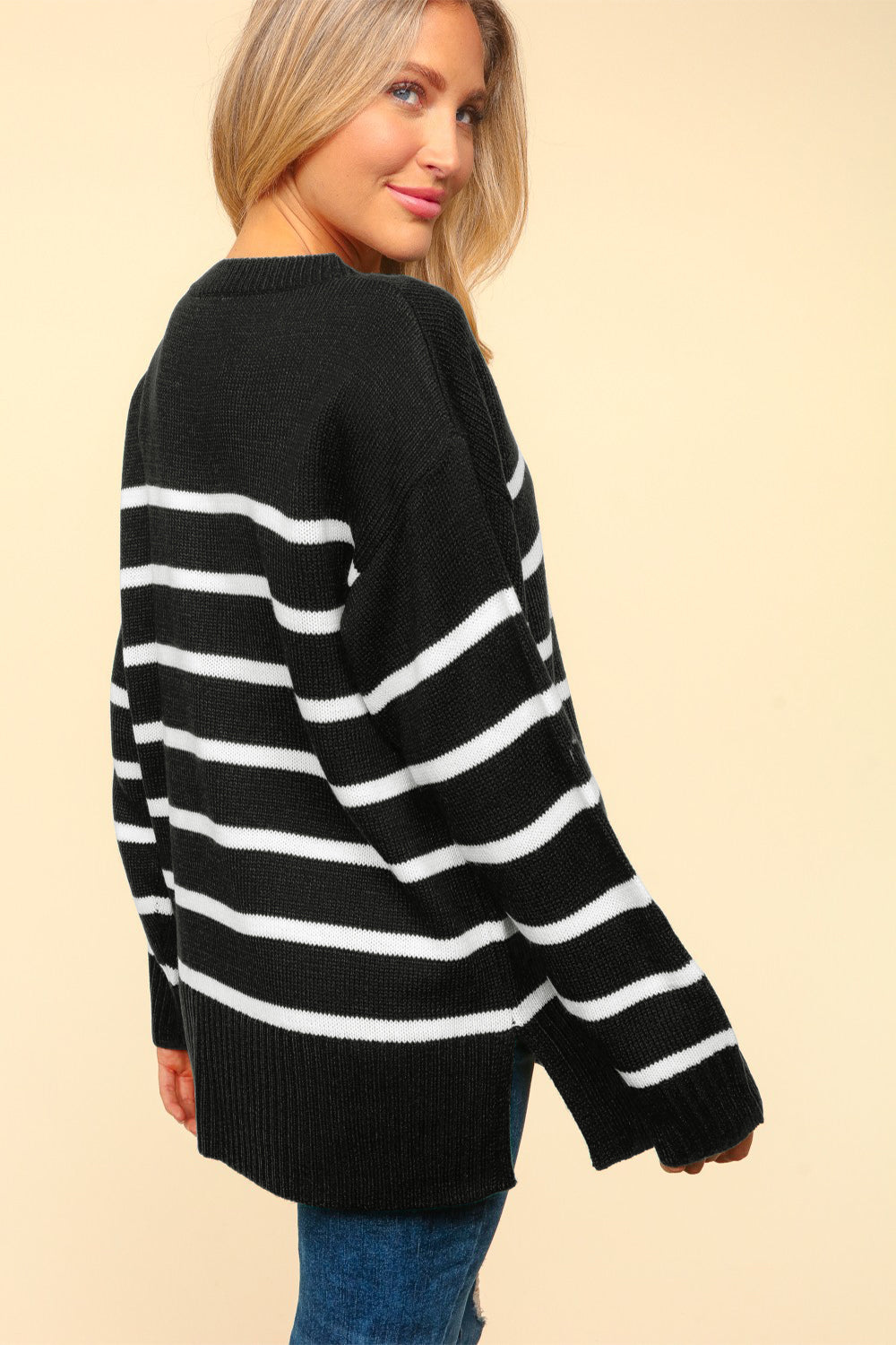 Maxct &Haptics Full Size Striped Contrast Side Slit Sweater