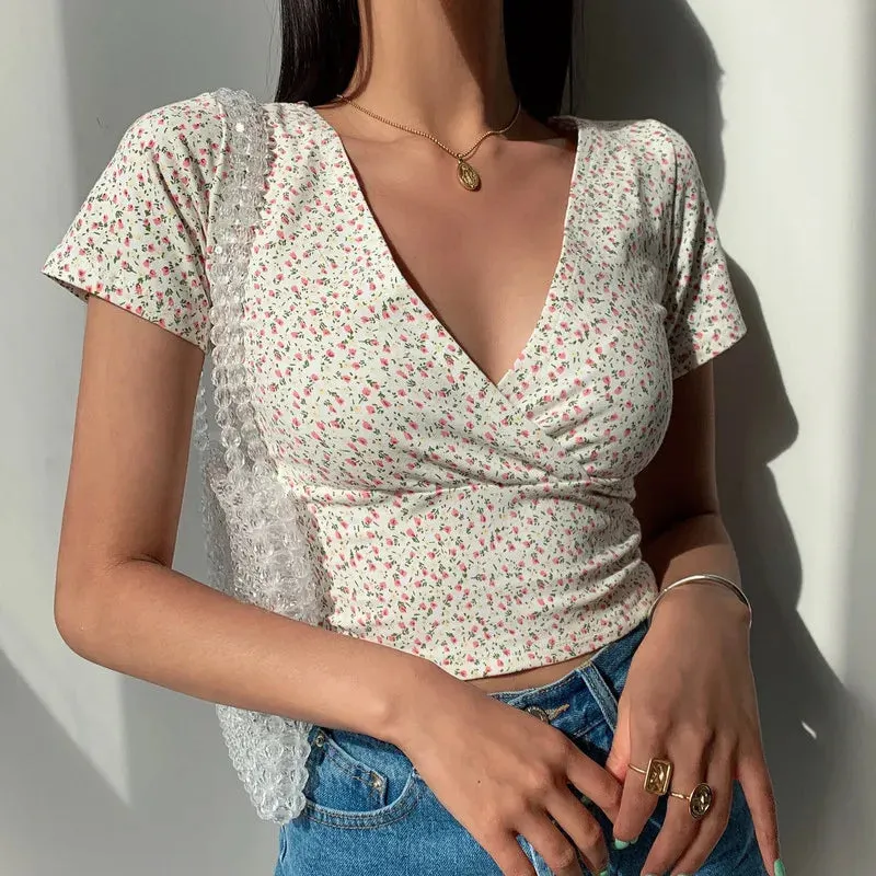 Maxct Y2K Vintage Floral Cross Crop Top T-shirt Women Cropped Slim Short Sleeve V-neck Sexy Summer Clothes Tee Shirt Femme Woman Tops