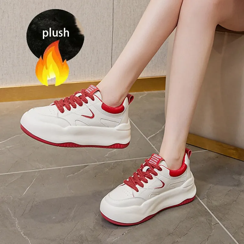 Stylish Women's White Leather Chunky Trainers with 6cm Heel Maxct