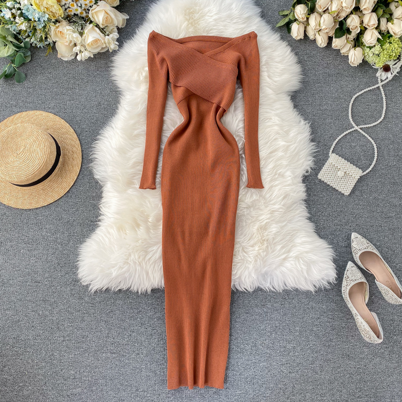 Maxct Slash Neck Knitted Dress Women Sexy Off Shoulder Cross Elastic Warm Dress Autumn Winter Fashion Sweater Bodycon Dress