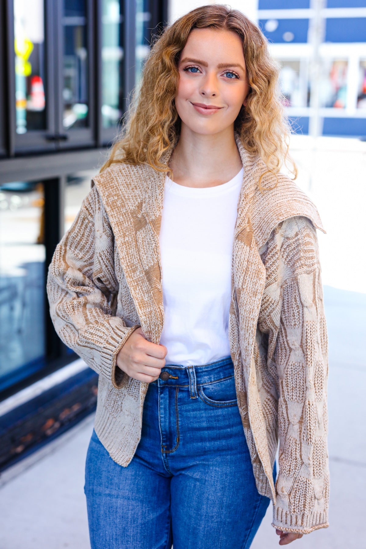 Maxct &Autumn Vibes Taupe Textured Cable Knit Collared Cardigan
