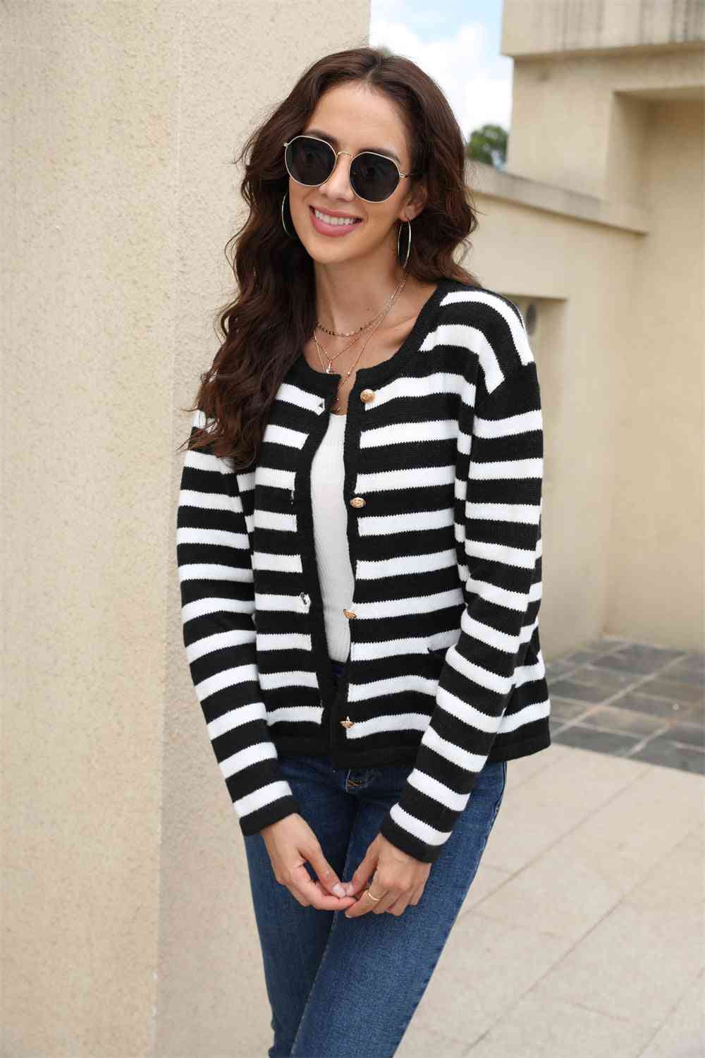 Maxct &Striped Round Neck Button-Down Dropped Shoulder Cardigan