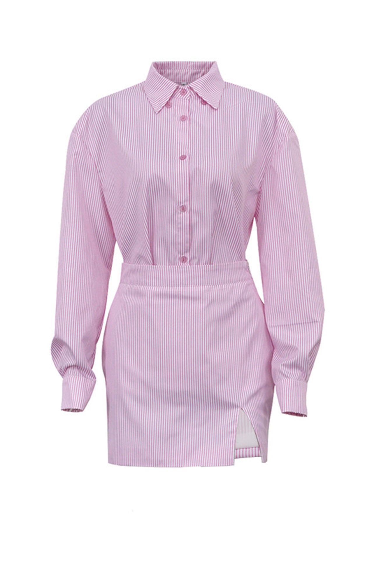 Maxct Pink Striped Print Shirt Mini Skirt Suits