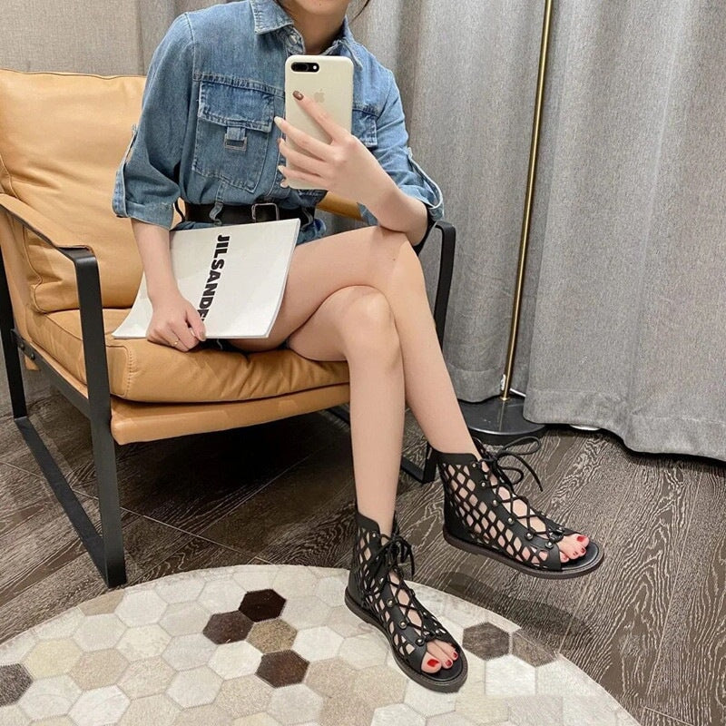 Strappy Sandals Boots Open Toe Back Zipper Flat Gladiator Sandals Maxct