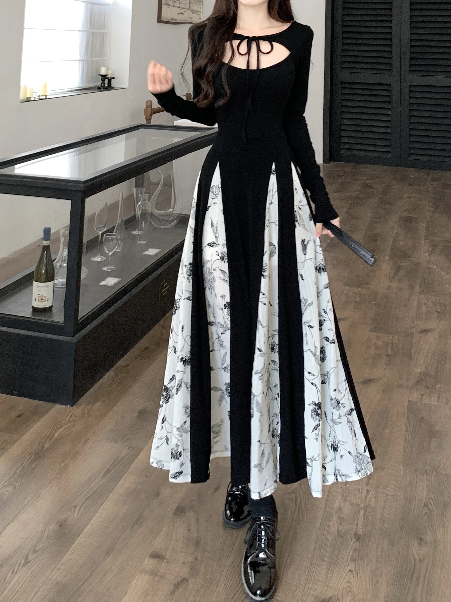 Maxct Knitted Patchwork Floral Dress Irregular Design Sense Hepburn Wind Sweet Fashion Slim Summer New Black Long Dresses