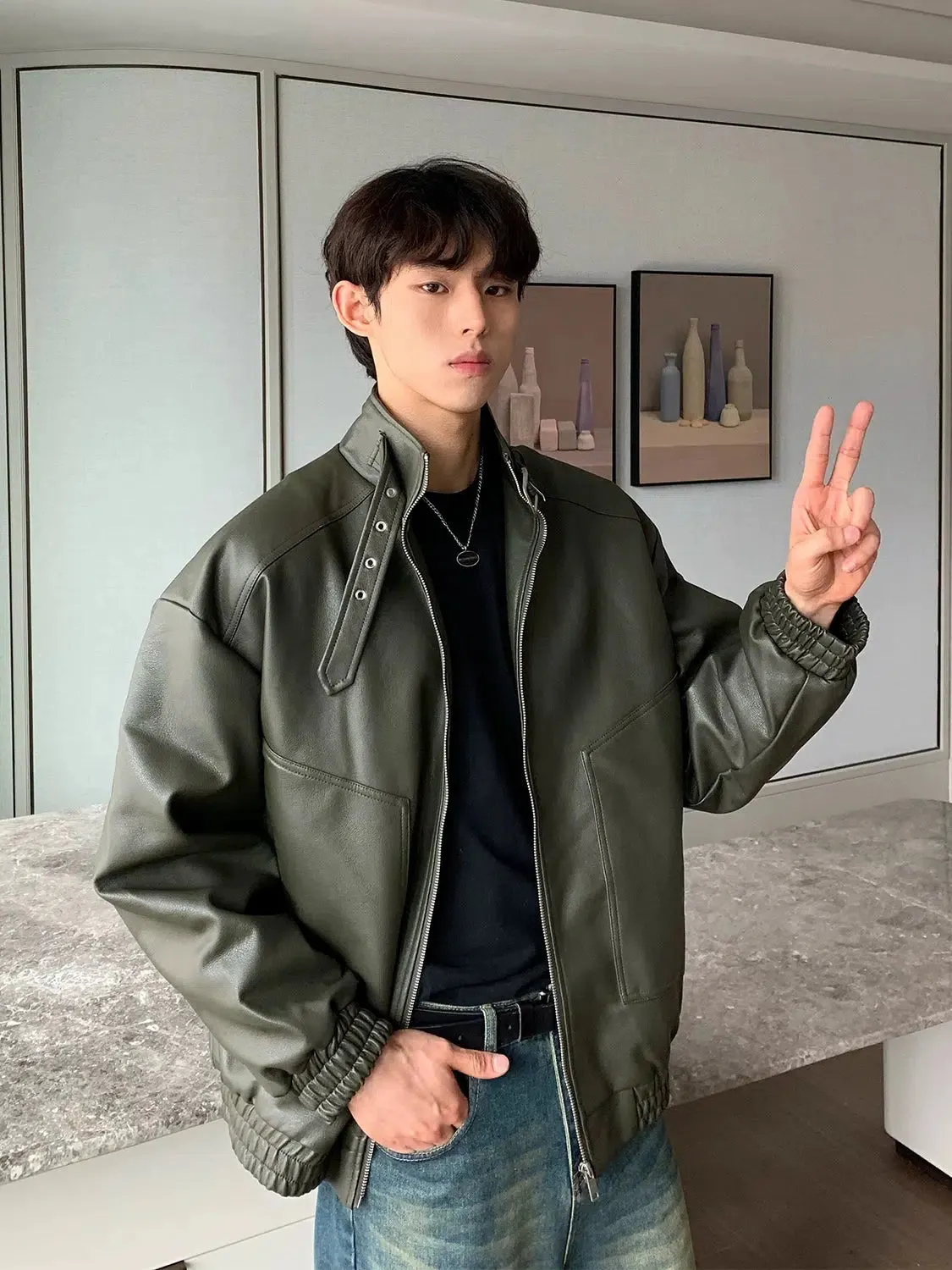 Maxct Buckle Stand Collar Motorcycle Leather Jacket