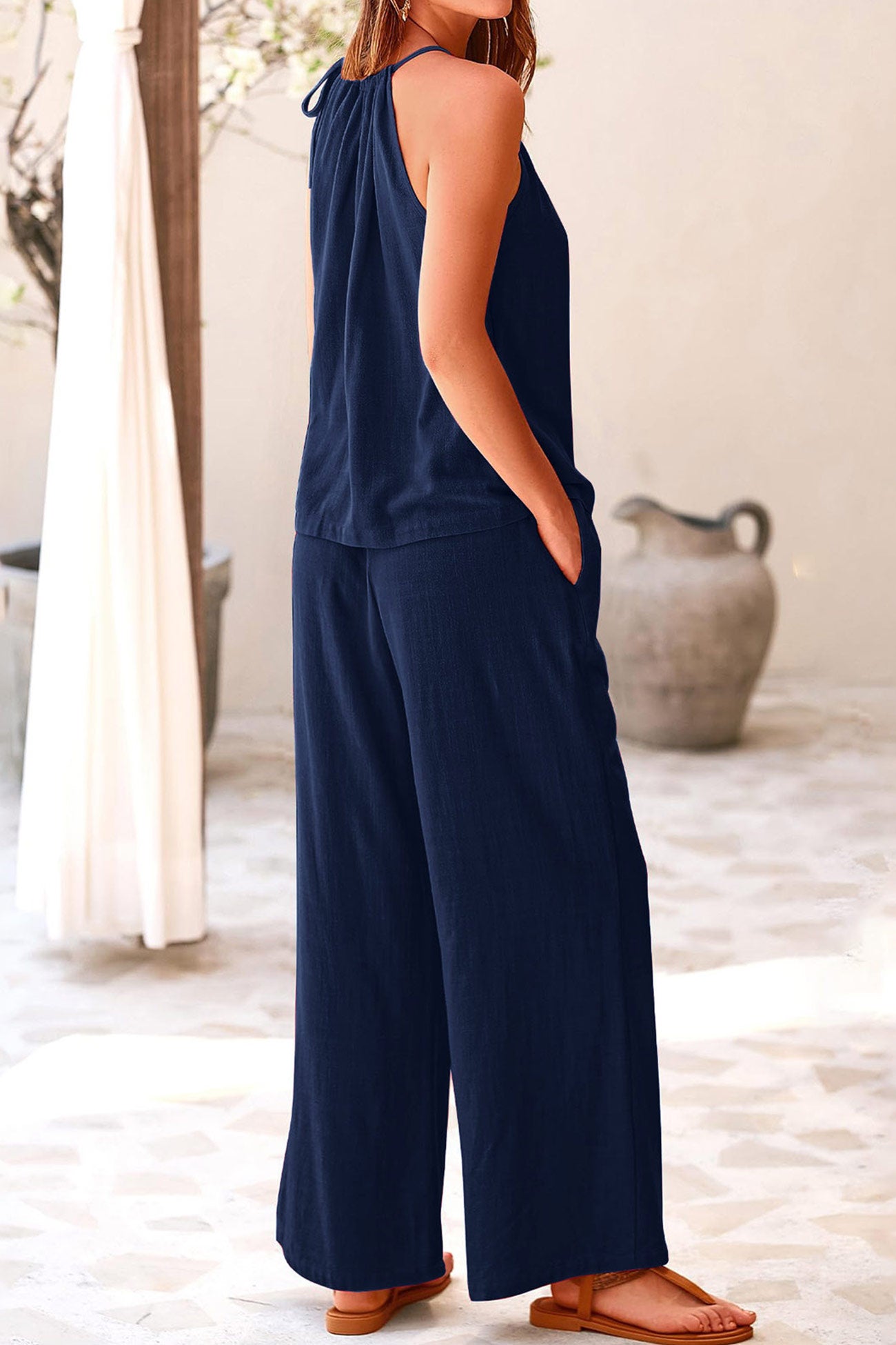 Maxct Cotton Linen Tie-up Tank Pants Suits