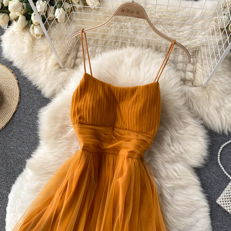 Women's Sexy Mesh Spaghetti Strap Long Dress Summer Orange/Purple/Blue/Pink Ruffle A-Line Beach Robe Female Elegant Party Vestidos