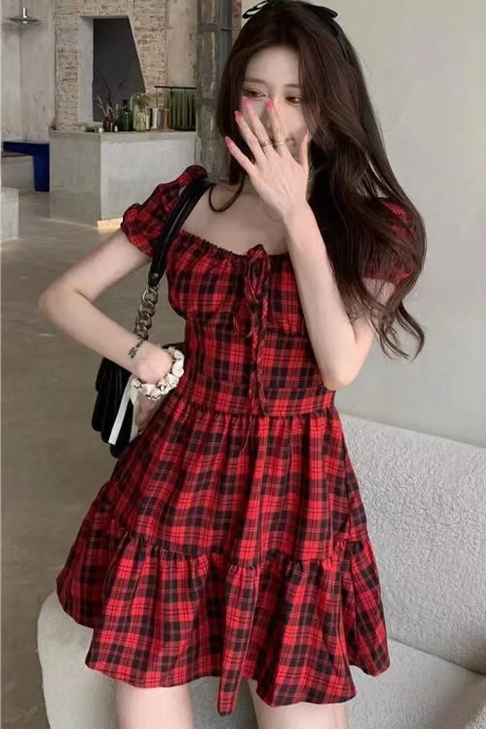 Cute Red Plaid Retro Sexy Dress Maxct