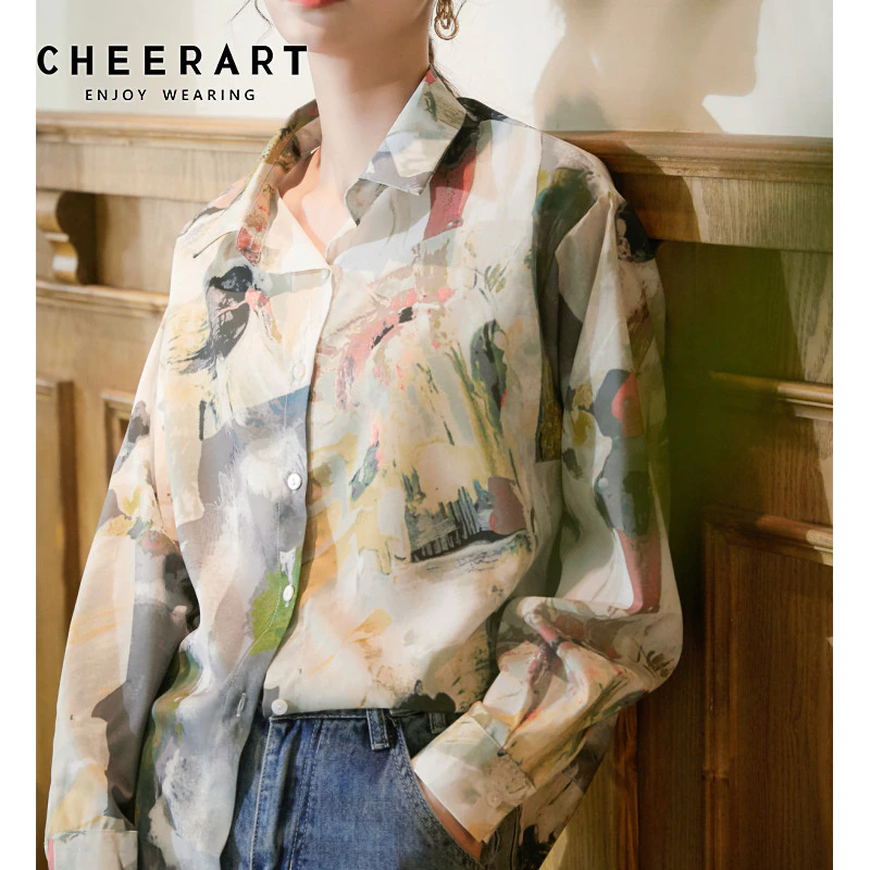 Women's Abstract-Print Relaxed Button-Up Blouse