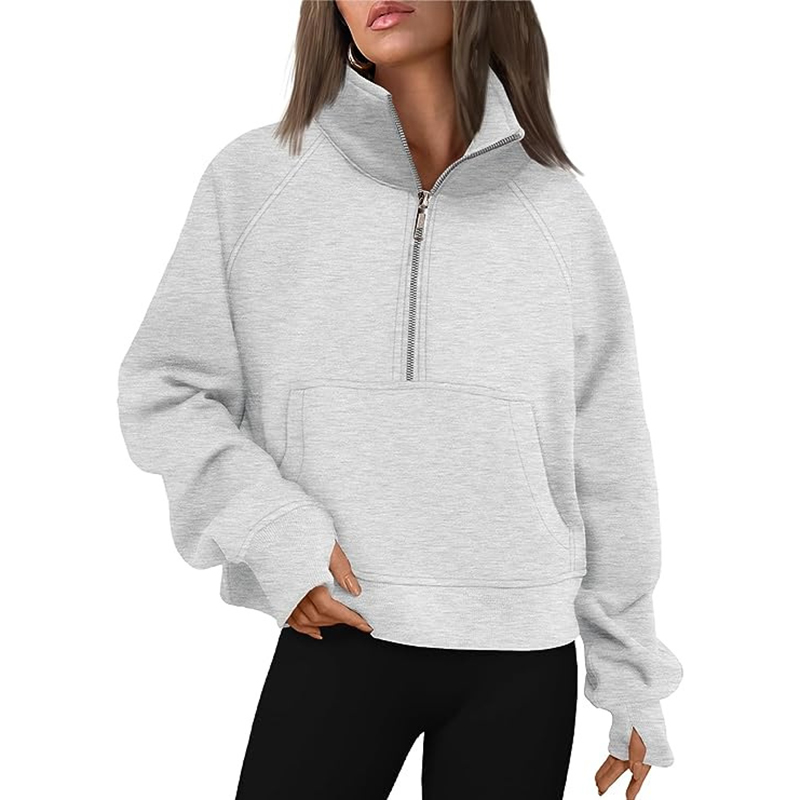 Maxct Casual Half Zipper Plush Hoodies Women Loose Solid Lapel Pockets Sweat Shirt Female Autumn Chic Warm Sports Yoga Outwear