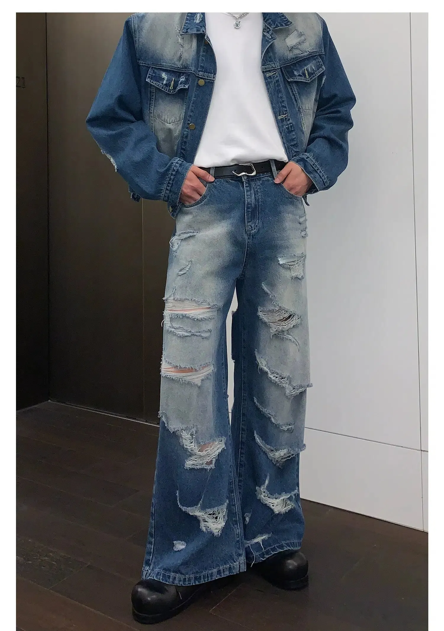 Maxct Blue Denim Jacket & Ripped Wide-leg Jeans