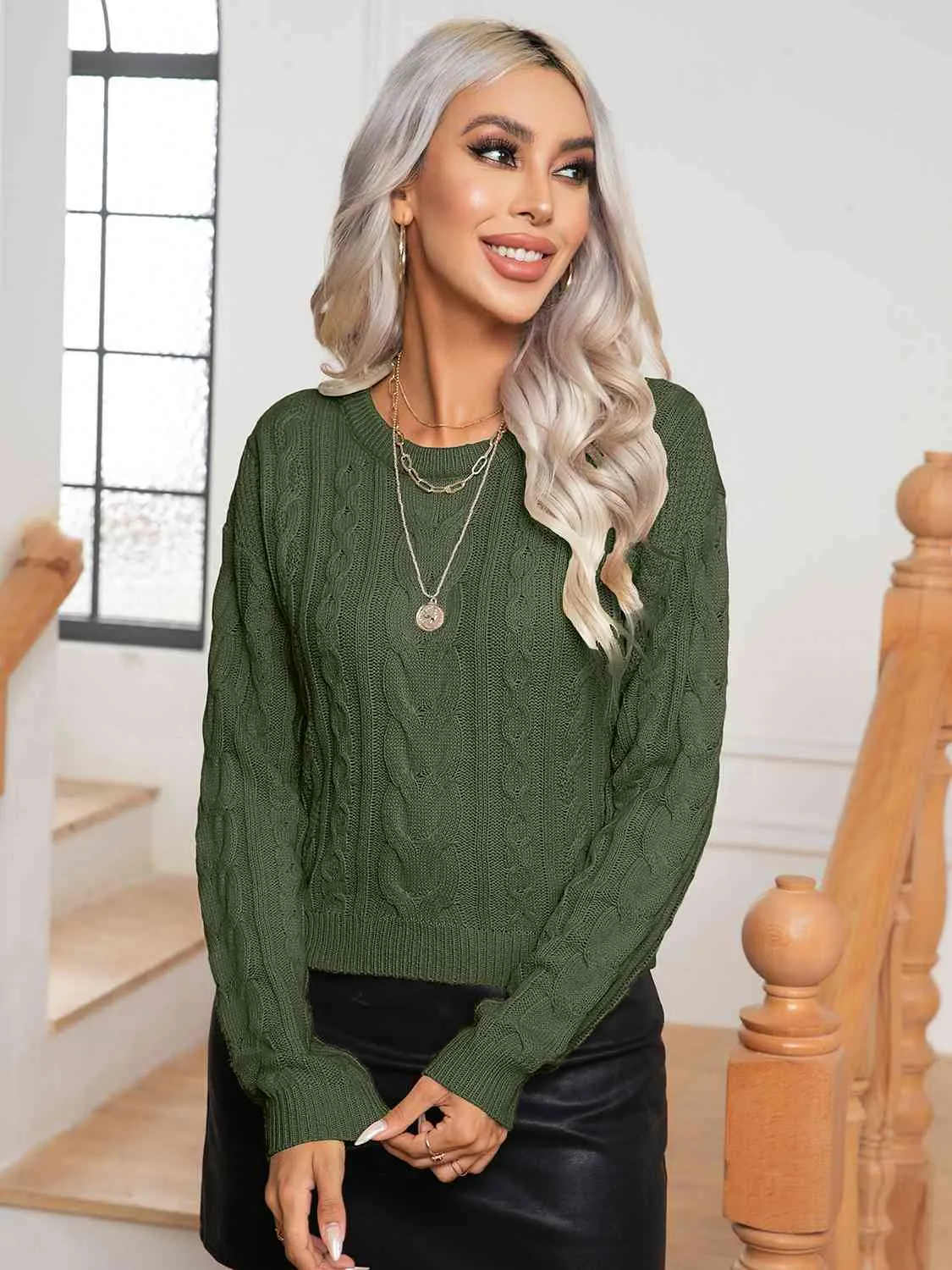 Maxct &Cable-Knit Round Neck Long Sleeve Sweater