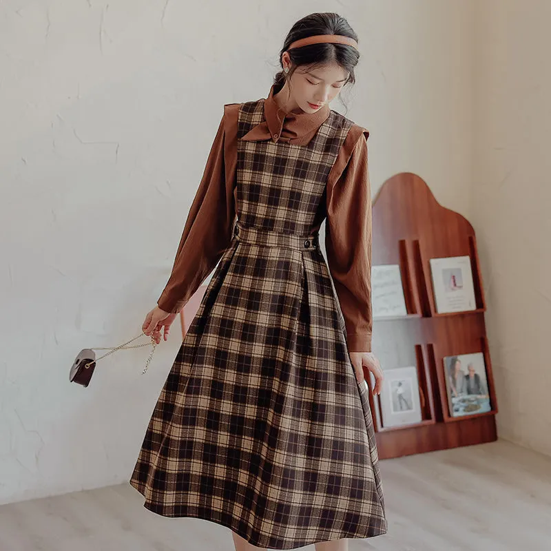 Crepe Plaid Pinafore Dress Set Maxct
