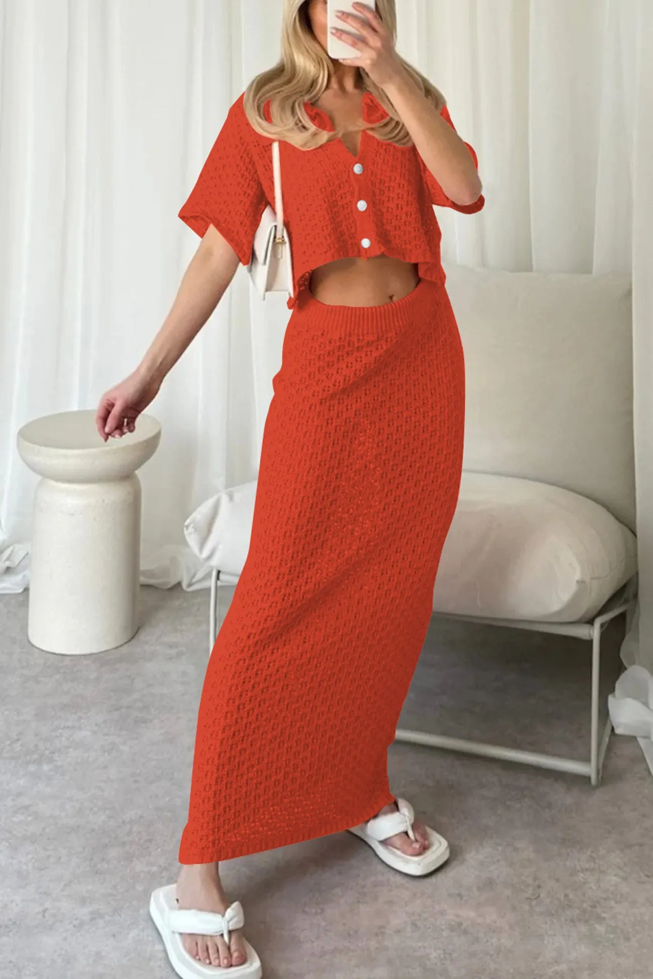 Maxct Hollow Out Crochet Blouses Midi Skirt Suits