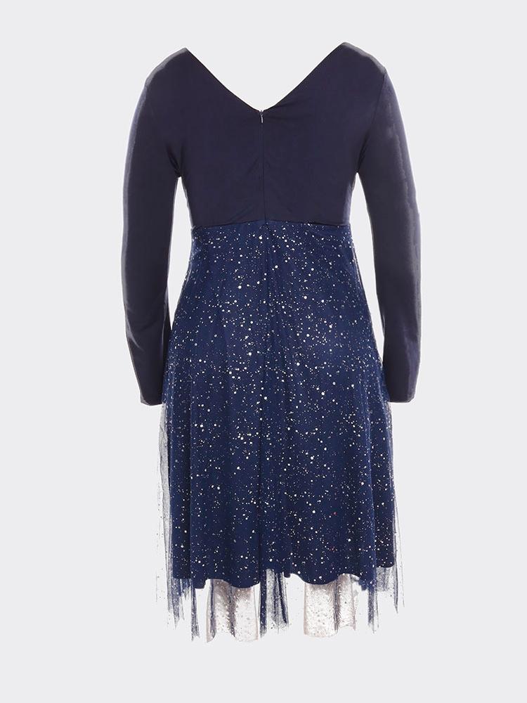 Long Sleeve Double V Neck Contrast Mesh Midi Dress Maxct