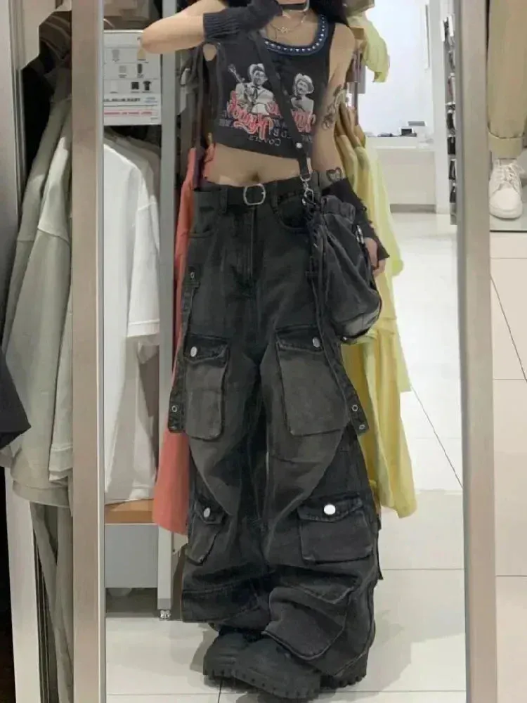 Emo Black Cargo Jeans for Women Maxct