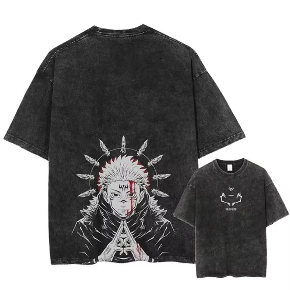 Maxct Hip Hop Streetwear Summer Short Sleeve Vintage T-Shirt Japanese Anime Graphic Print TShirt Men Harajuku Casual Loose Washed Tees