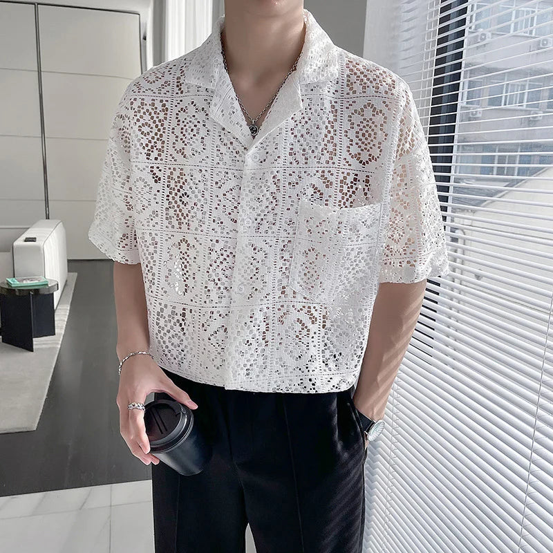 Maxct Summer New Casual Hollow Out Shirts Men Sexy See Through Breathable Shirt For Mens Fashion Solid Color Lapel Buttoned Cardigans