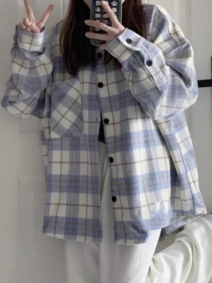 Maxct Vintage Plaid Print Brushed Long Sleeve Blouse