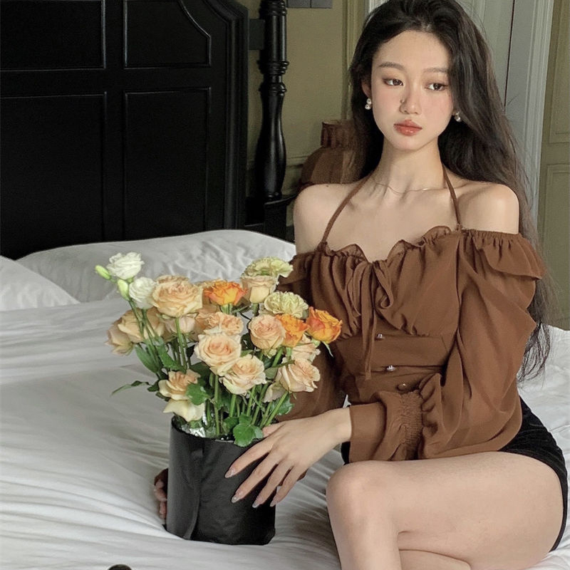 Shirts Blouses Spring Autumn Halter Off Shoulder Ruffles Patchwork Blusa Feminina Vintage Elegant Sexy Camisas De Mujer