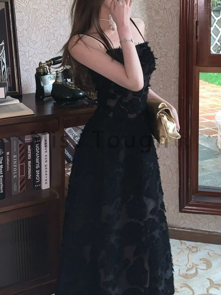 Voguable Black Party Midi Dress See-through Strap Y2k Dress FeLace Chic Korean Slim Vintage Dress New