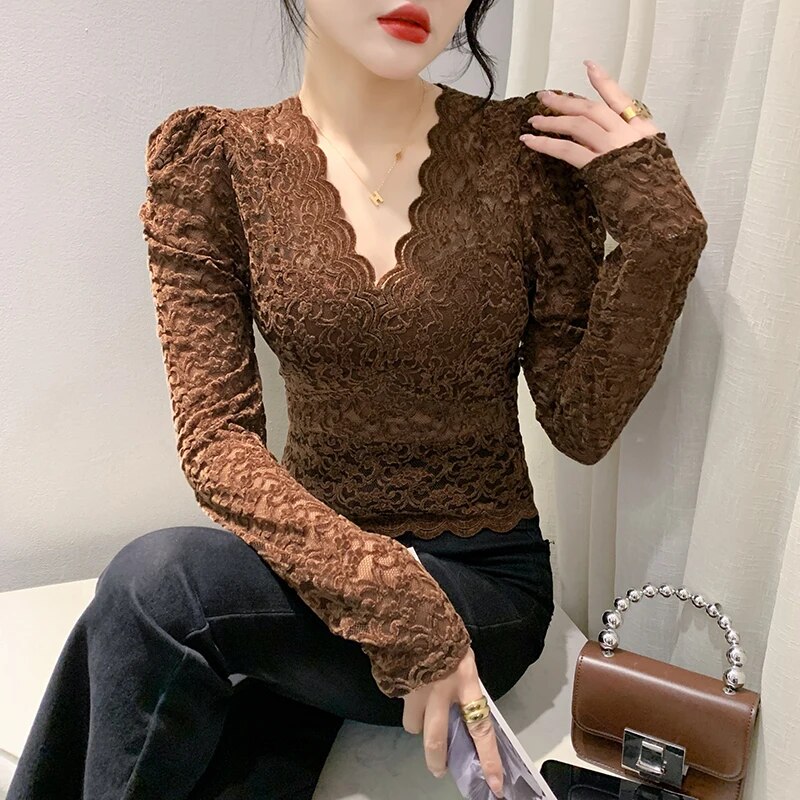 Maxct New V-neck Slim Fit Long Sleeve Lace T-shirt for Women V Neck Slim Cropped Tops T Shirts Female Stretch Tee