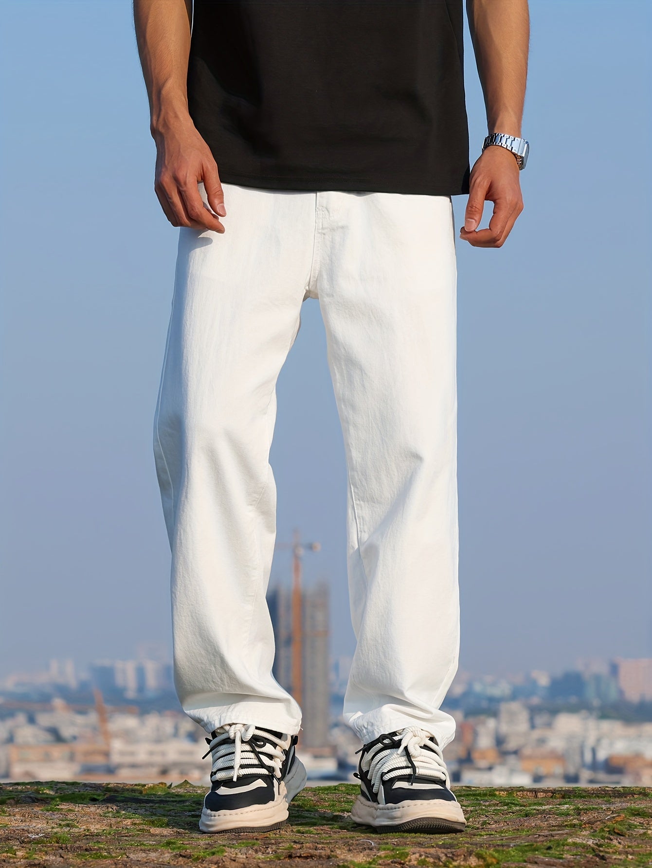 Maxct  Loose Cotton Blend Men's Solid Wide Leg Pants, Men's Casual Denim Pants, All Seasons