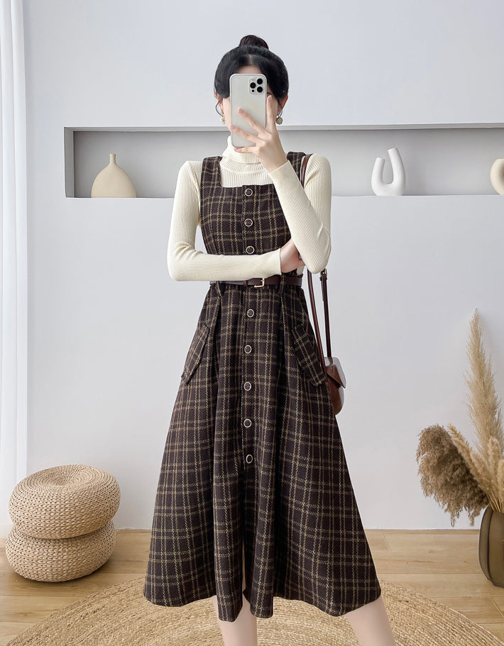 Button Up Plaid Pinafore Dress Maxct