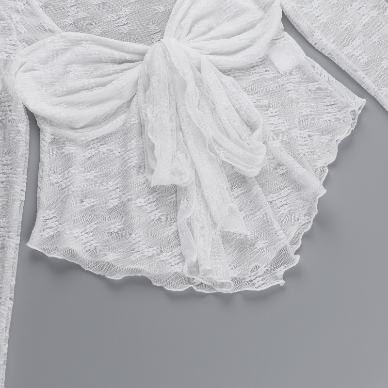Sexy White Lace Bows Long Sleeve T-Shirt Top For Women Summer New See Through Hot Girl Slim Fit Long Sleeved Top Pullover