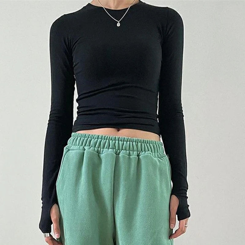 Maxct Chic Fashion Elegant Slim Fit Crop Tops Women Clothes Casual Solid Color Basic Tees Autumn Spring O Neck Long Sleeve T-shirt