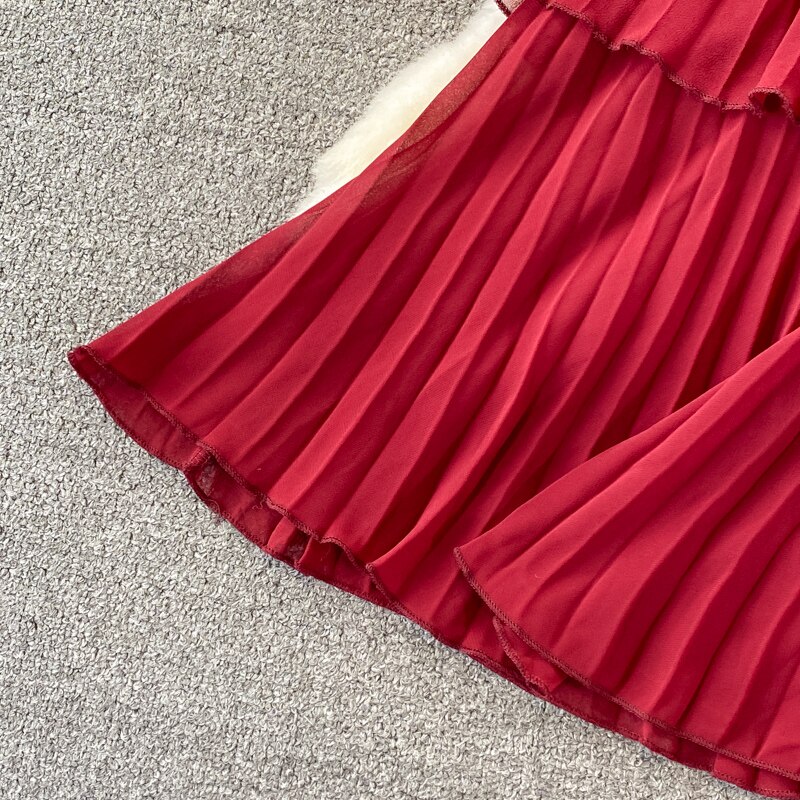 Women's Purple/Pink/Green Draped Dress Vintage Ruffle Stand Collar Sleeveless High Waist Party Pleated Vestidos Female New