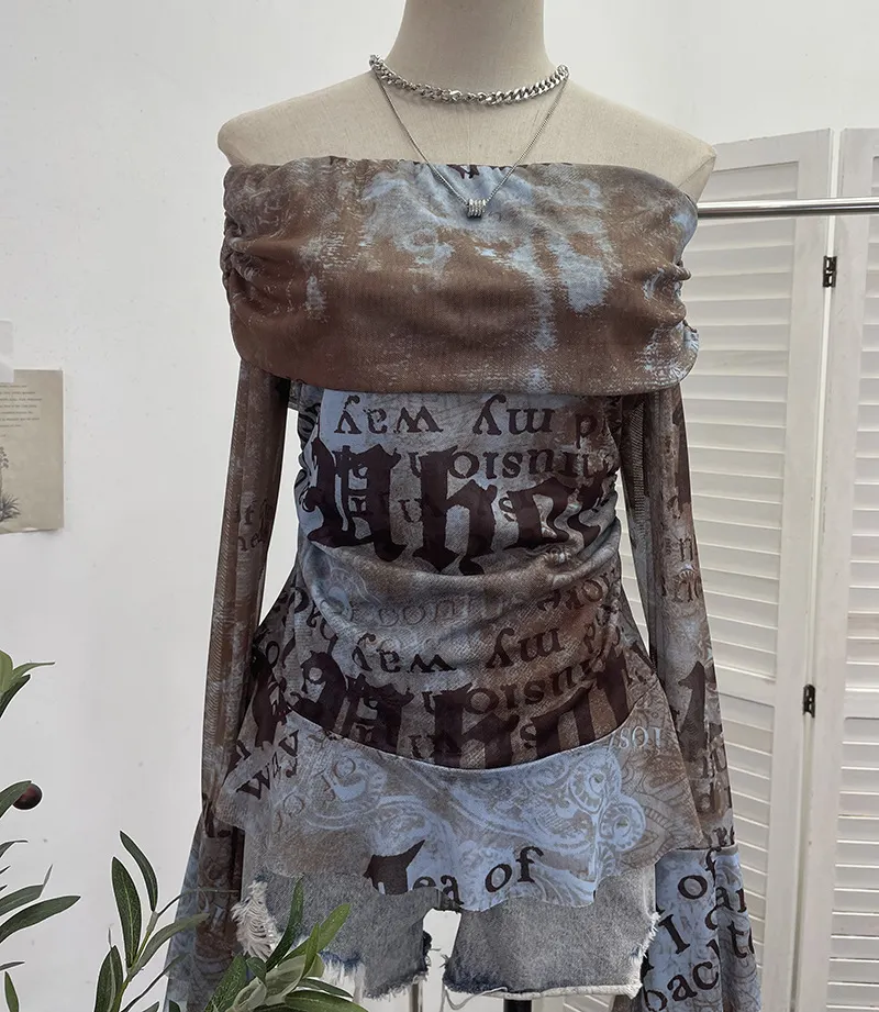Maxct off-Shoulder Ribbon Tie-Dyed Printed Mesh Shirt Top Hot Girl Design Pleated Long Sleeve T-shirt 8003