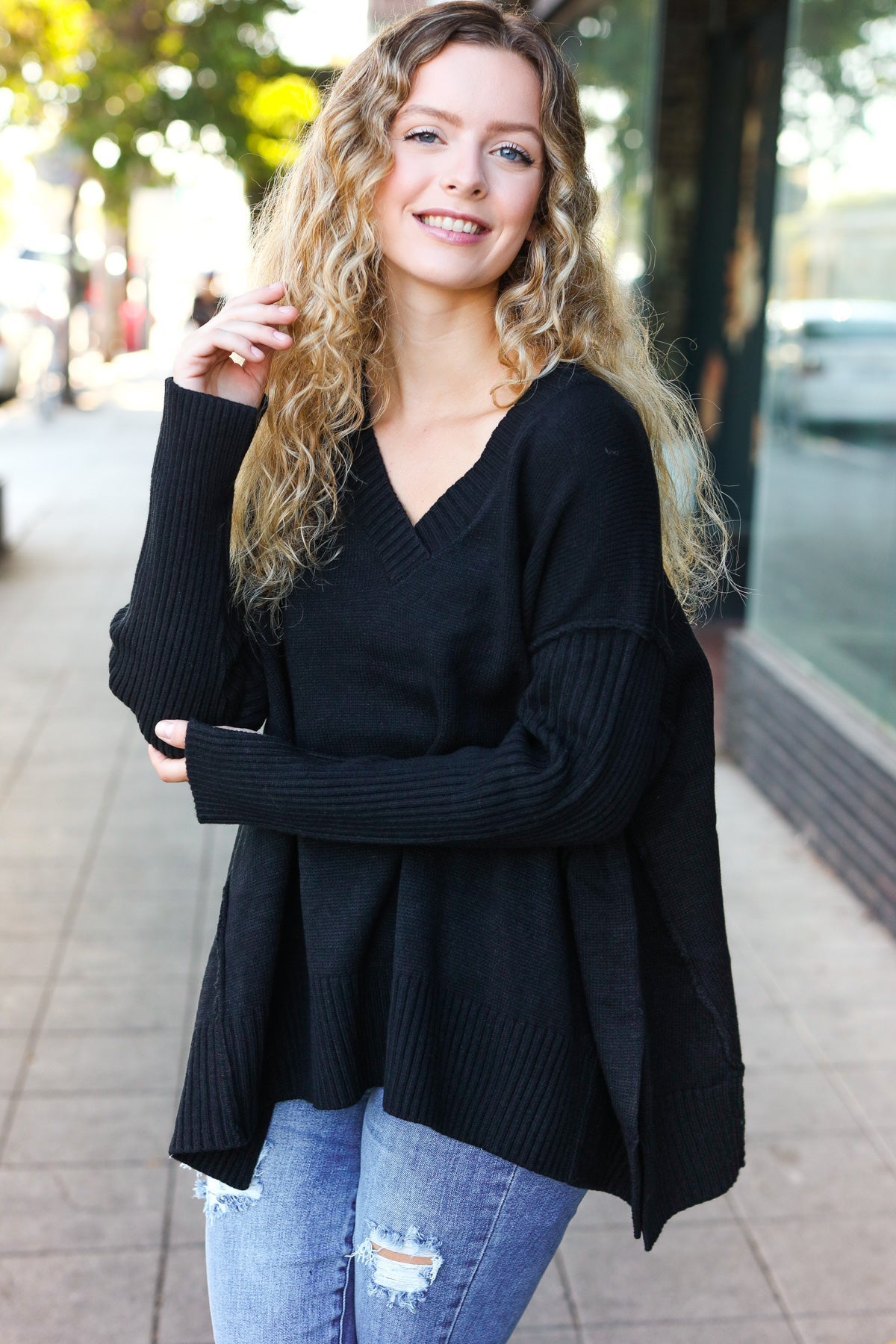 Maxct &Casual Chic Black Oversized V Neck Rib Knit Sweater