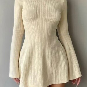 Backless Knitted Long Sleeve Mini Dress Maxct