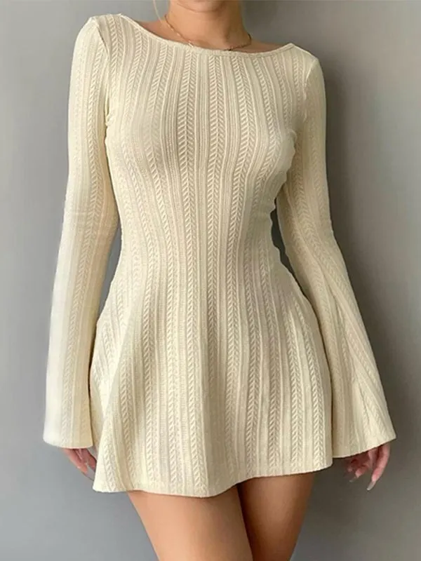 Backless Knitted Long Sleeve Mini Dress Maxct